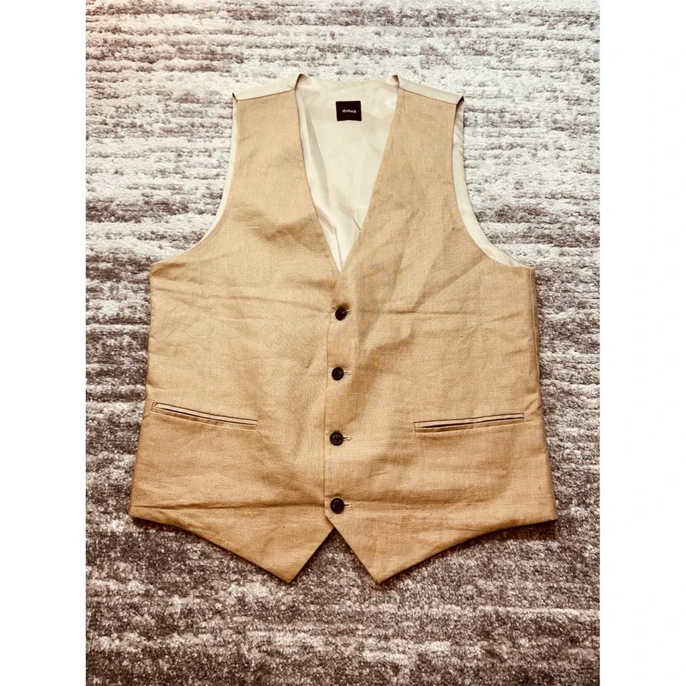 Dobell 3-Piece Suit Mens 40R Tan 100% Linen Blazer Vest Trousers Sets $544